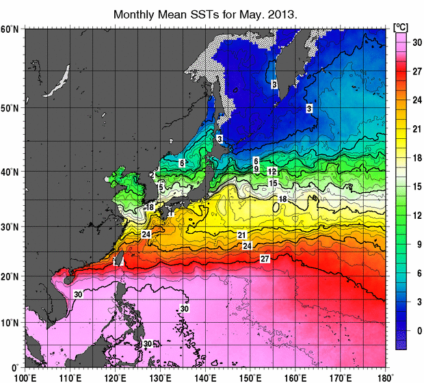 北西太平洋の月平均海面水温分布図（2013年5月）