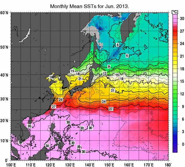 北西太平洋の月平均海面水温分布図（2013年6月）