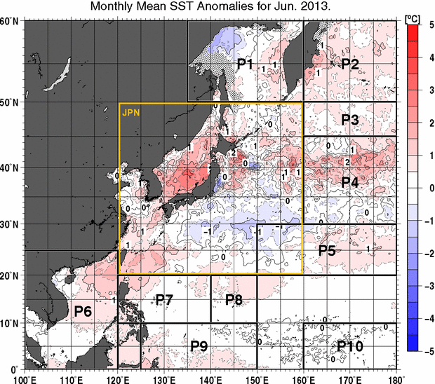 北西太平洋の月平均海面水温平年差分布図（2013年6月）