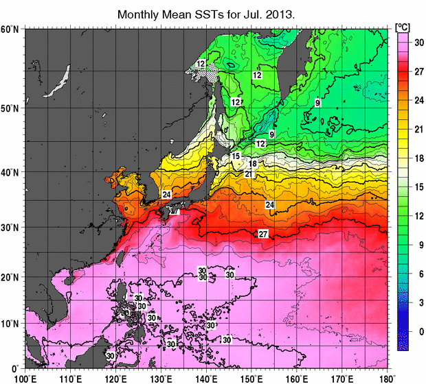 北西太平洋の月平均海面水温分布図（2013年7月）