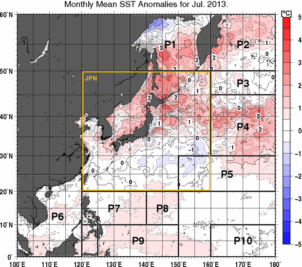 北西太平洋の月平均海面水温平年差分布図（2013年7月）