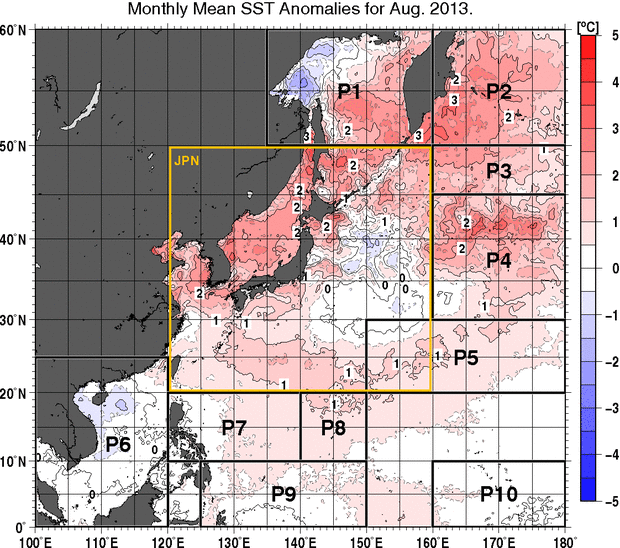 北西太平洋の月平均海面水温平年差分布図（2013年8月）