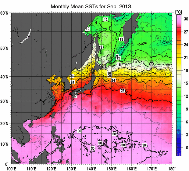 北西太平洋の月平均海面水温分布図（2013年9月）