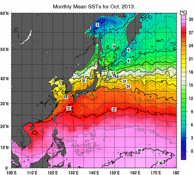 北西太平洋の月平均海面水温分布図（2013年10月）