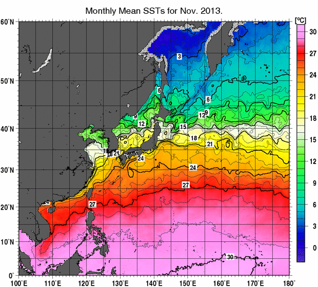 北西太平洋の月平均海面水温分布図（2013年11月）