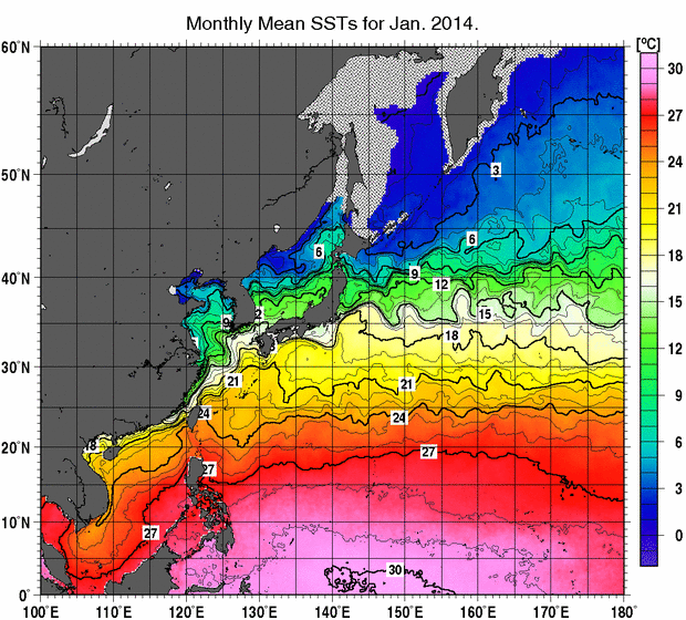 北西太平洋の月平均海面水温分布図（2014年1月）