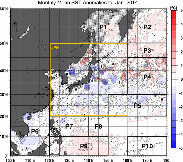 北西太平洋の月平均海面水温平年差分布図（2014年1月）