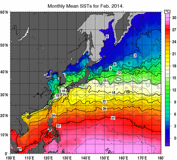 北西太平洋の月平均海面水温分布図（2014年2月）