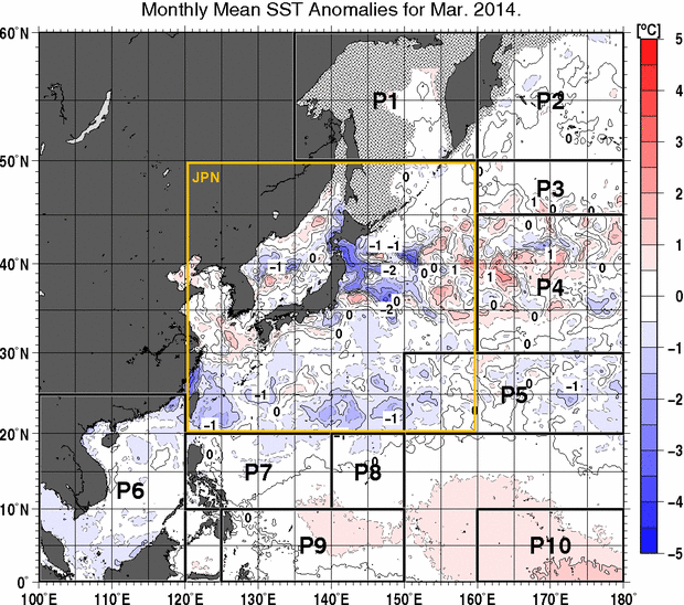 北西太平洋の月平均海面水温平年差分布図（2014年3月）