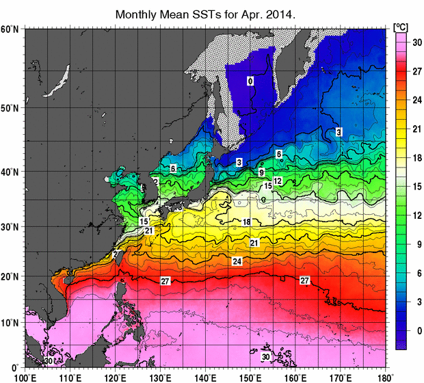 北西太平洋の月平均海面水温分布図（2014年4月）