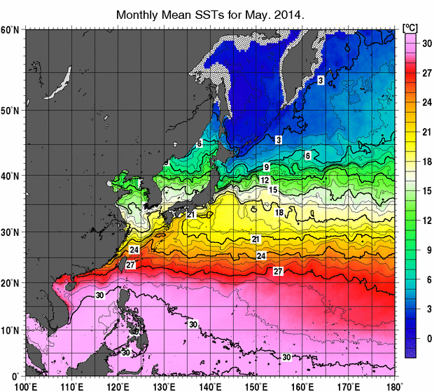 北西太平洋の月平均海面水温分布図（2014年5月）