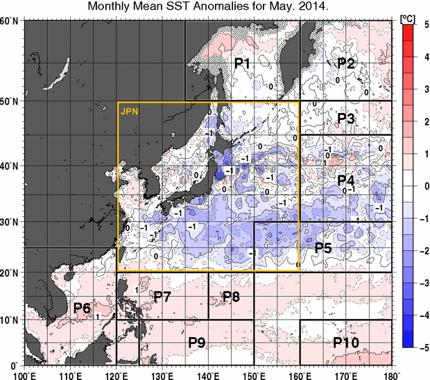 北西太平洋の月平均海面水温平年差分布図（2014年5月）