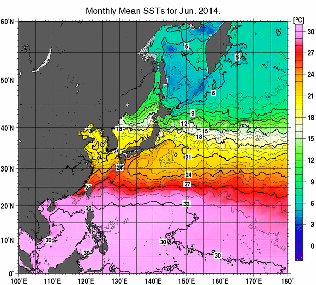 北西太平洋の月平均海面水温分布図（2014年6月）