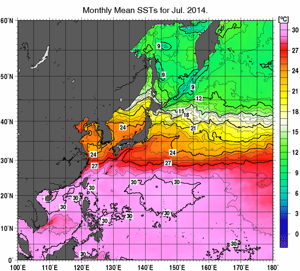 北西太平洋の月平均海面水温分布図（2014年7月）