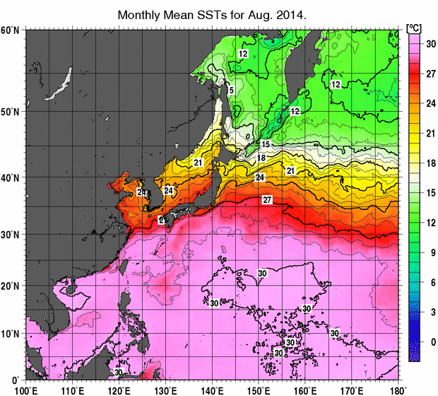 北西太平洋の月平均海面水温分布図（2014年8月）