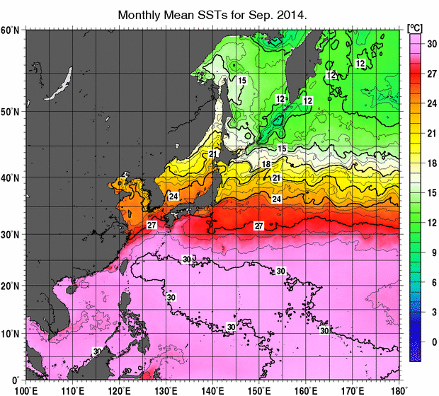 北西太平洋の月平均海面水温分布図（2014年9月）
