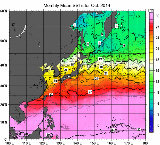 北西太平洋の月平均海面水温分布図（2014年10月）