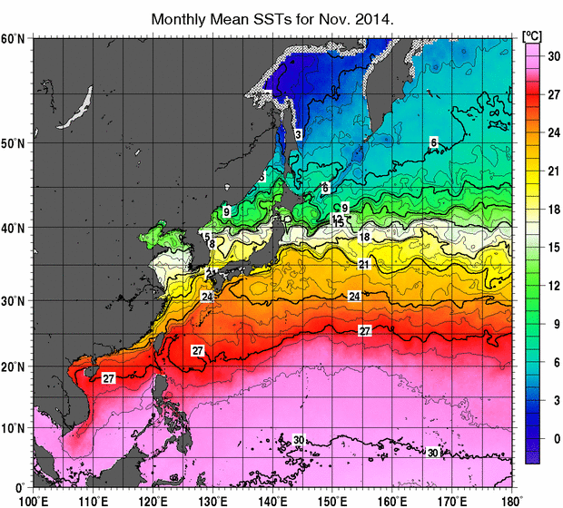 北西太平洋の月平均海面水温分布図（2014年11月）