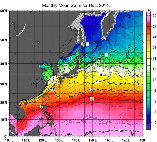 北西太平洋の月平均海面水温分布図（2014年12月）