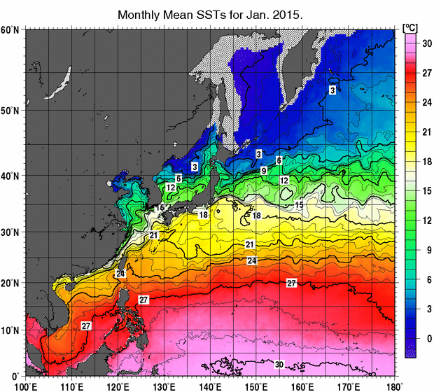 北西太平洋の月平均海面水温分布図（2015年1月）