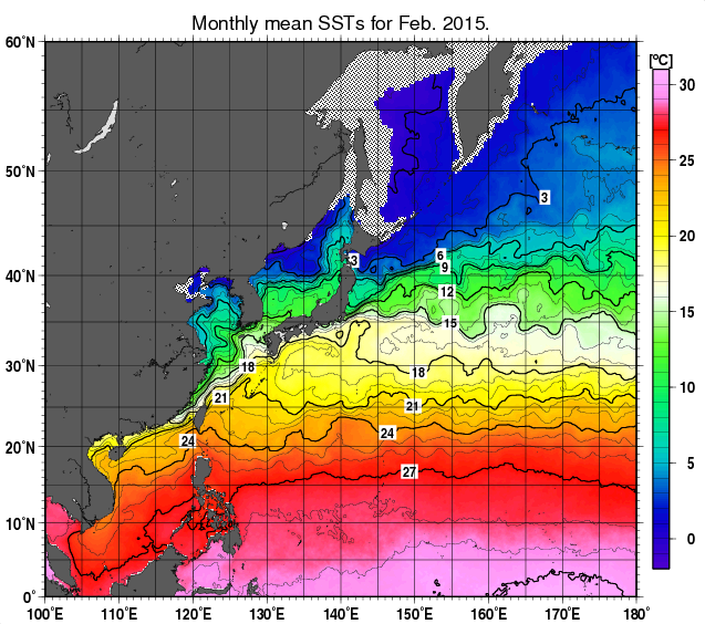 北西太平洋の月平均海面水温分布図（2015年2月）