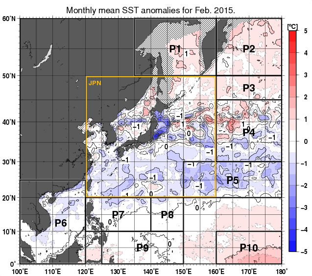 北西太平洋の月平均海面水温平年差分布図（2015年2月）