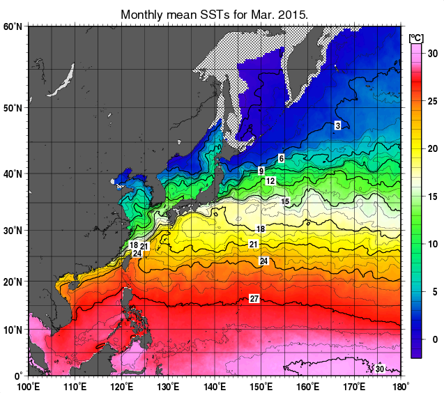 北西太平洋の月平均海面水温分布図（2015年3月）