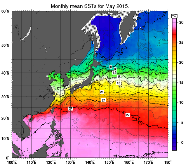 北西太平洋の月平均海面水温分布図（2015年5月）