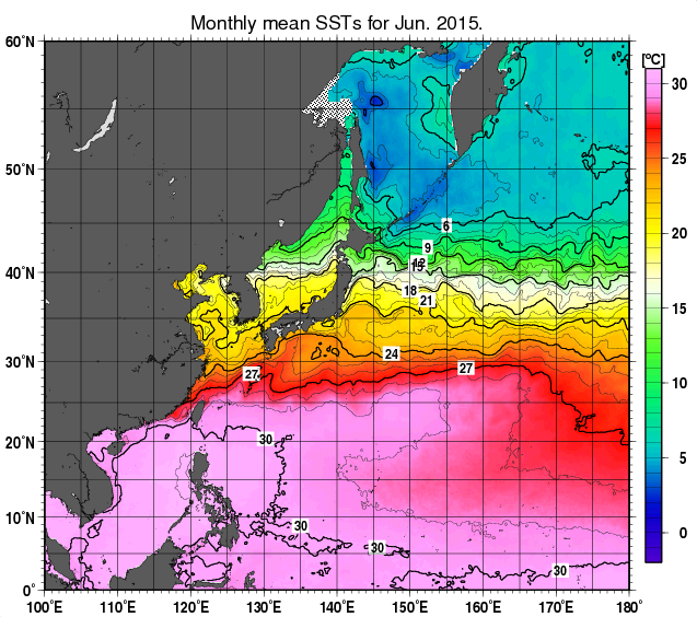 北西太平洋の月平均海面水温分布図（2015年6月）