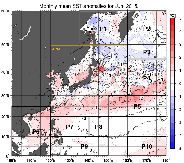北西太平洋の月平均海面水温平年差分布図（2015年6月）