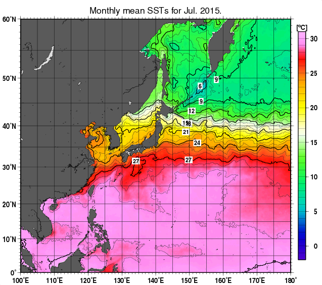 北西太平洋の月平均海面水温分布図（2015年7月）