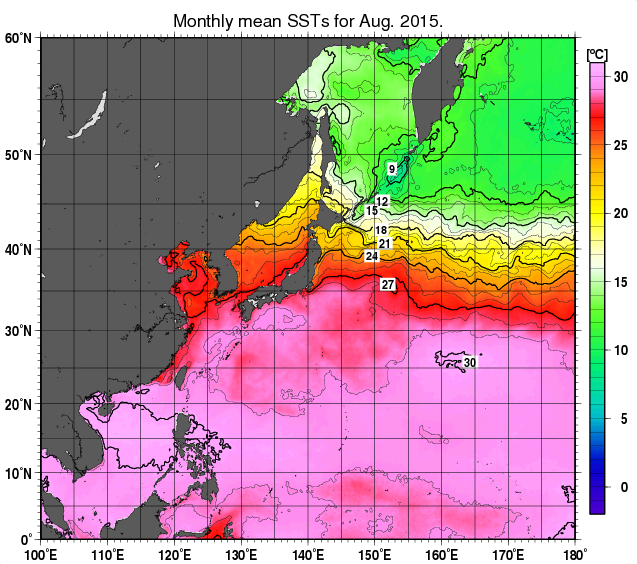 北西太平洋の月平均海面水温分布図（2015年8月）