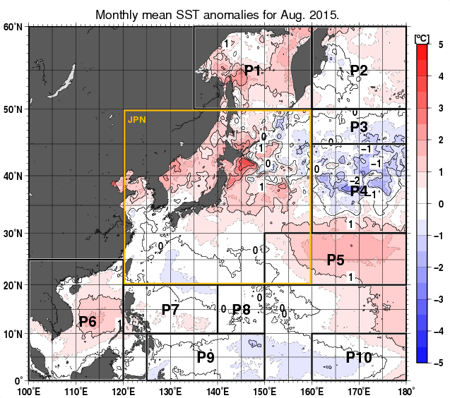 北西太平洋の月平均海面水温平年差分布図（2015年8月）