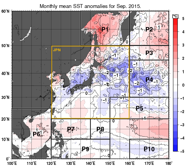 北西太平洋の月平均海面水温平年差分布図（2015年9月）