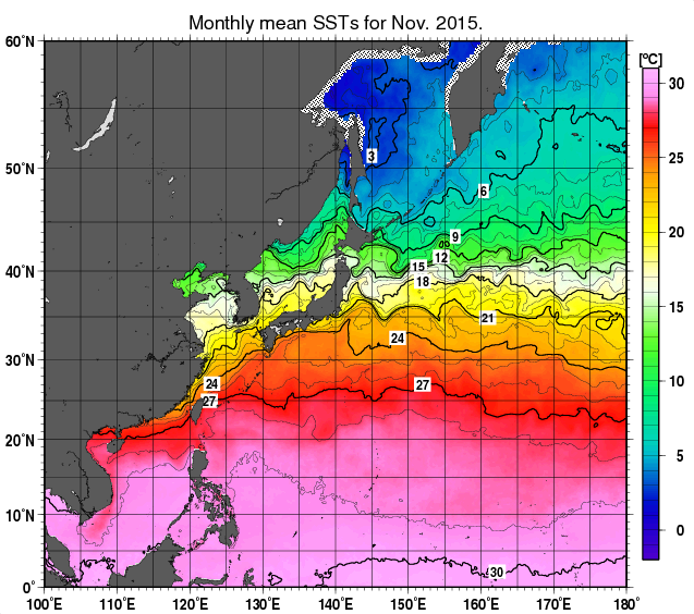 北西太平洋の月平均海面水温分布図（2015年11月）