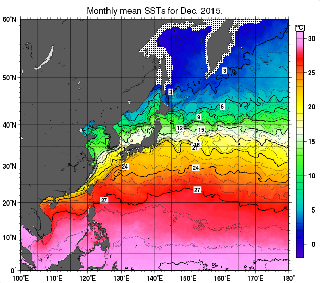 北西太平洋の月平均海面水温分布図（2015年12月）