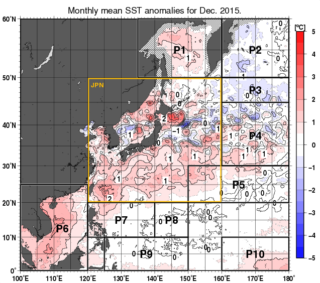 北西太平洋の月平均海面水温平年差分布図（2015年12月）