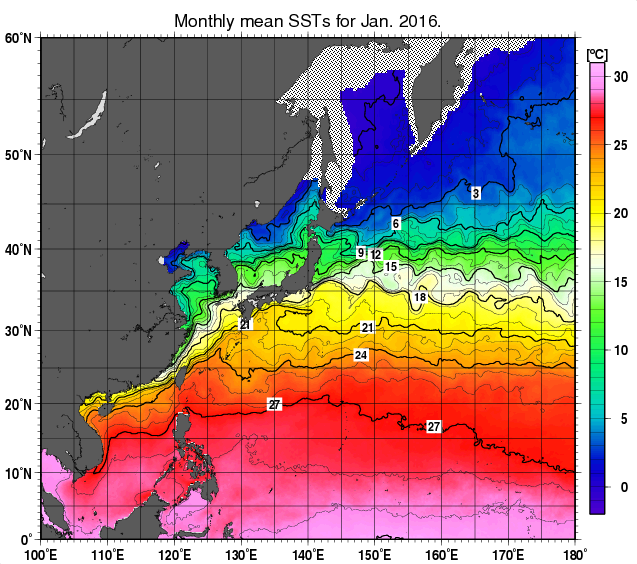 北西太平洋の月平均海面水温分布図（2016年1月）