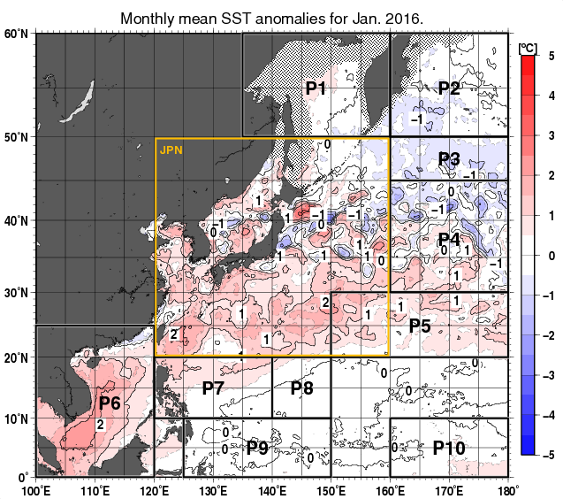 北西太平洋の月平均海面水温平年差分布図（2016年1月）