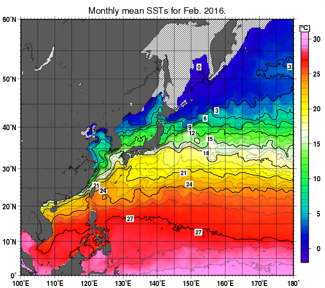 北西太平洋の月平均海面水温分布図（2016年2月）