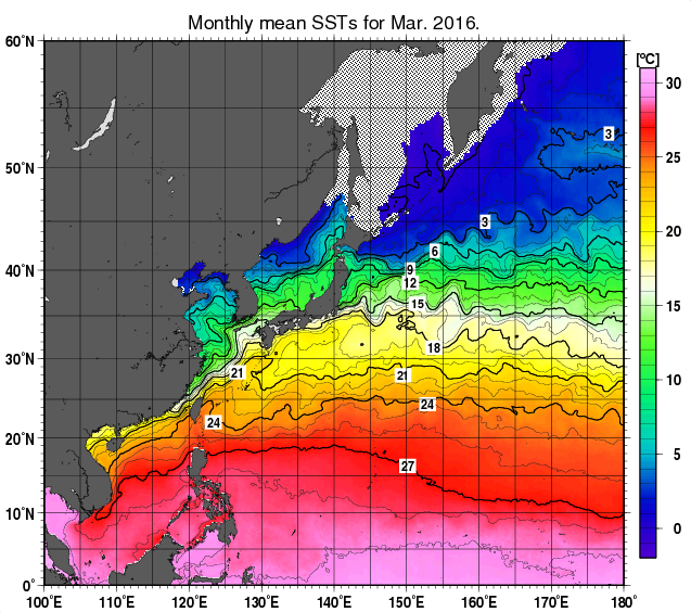 北西太平洋の月平均海面水温分布図（2016年3月）