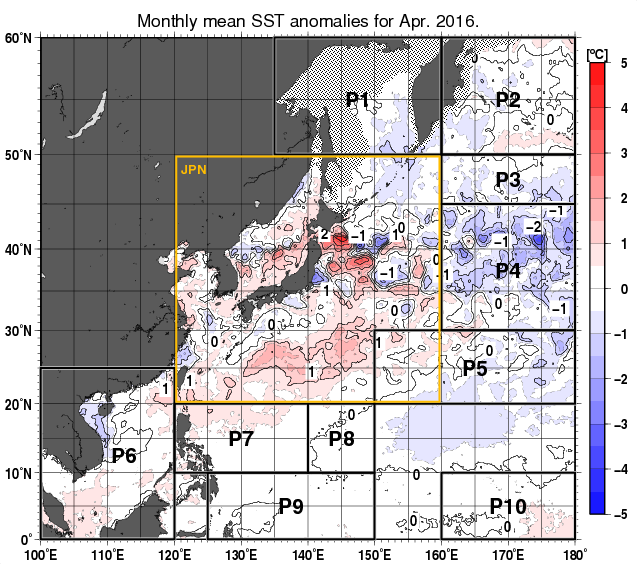 北西太平洋の月平均海面水温平年差分布図（2016年4月）