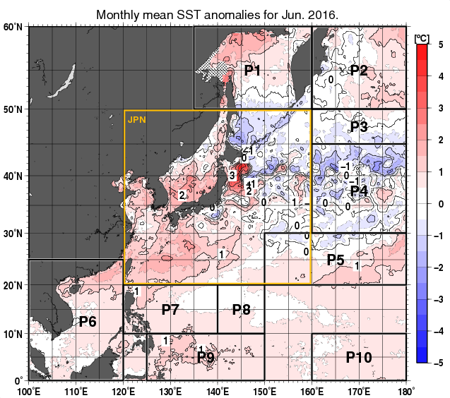 北西太平洋の月平均海面水温平年差分布図（2016年6月）