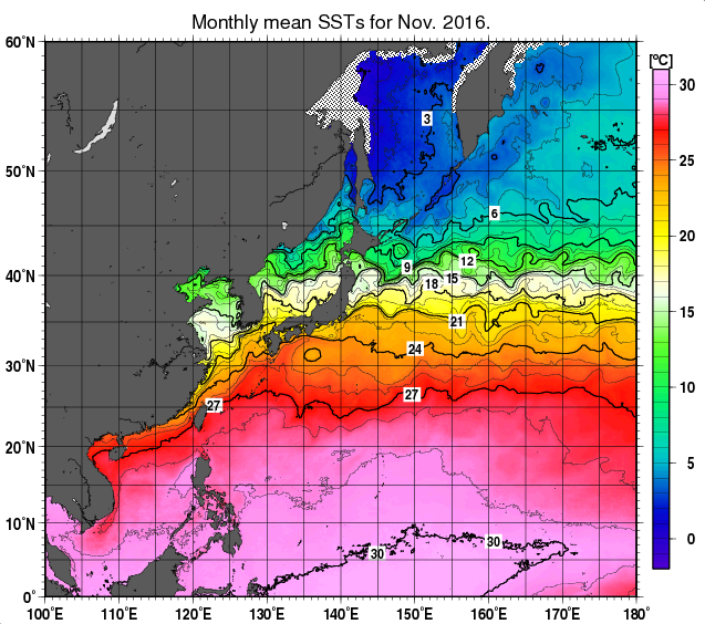 北西太平洋の月平均海面水温分布図（2016年11月）