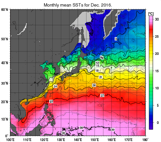 北西太平洋の月平均海面水温分布図（2016年12月）