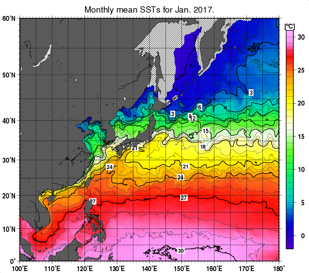 北西太平洋の月平均海面水温分布図（2017年1月）