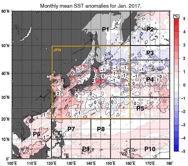 北西太平洋の月平均海面水温平年差分布図（2017年1月）