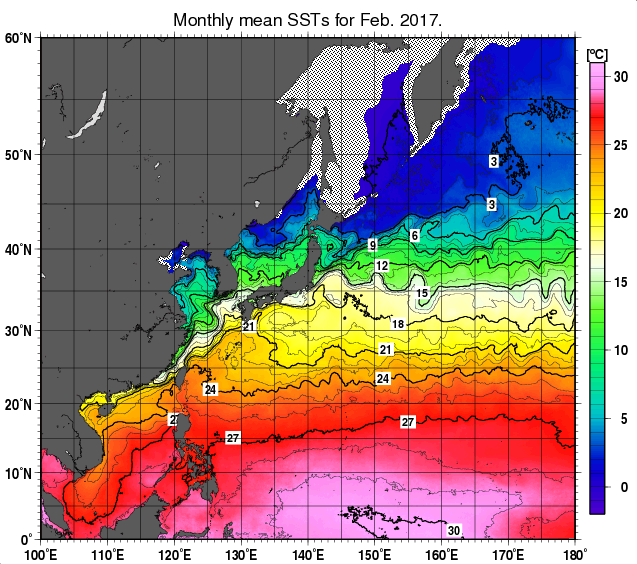 北西太平洋の月平均海面水温分布図（2017年2月）