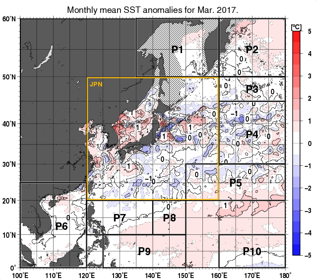 北西太平洋の月平均海面水温平年差分布図（2017年3月）