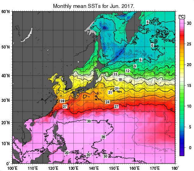 北西太平洋の月平均海面水温分布図（2017年6月）